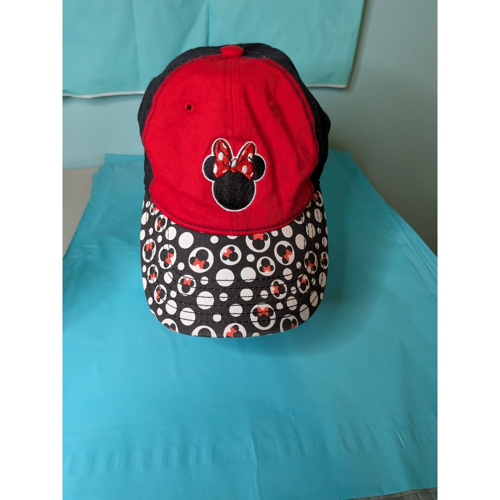 Disney Minnie Mouse Red Black Polka Dot Adjustable Baseball Cap Hat NWT RN109028